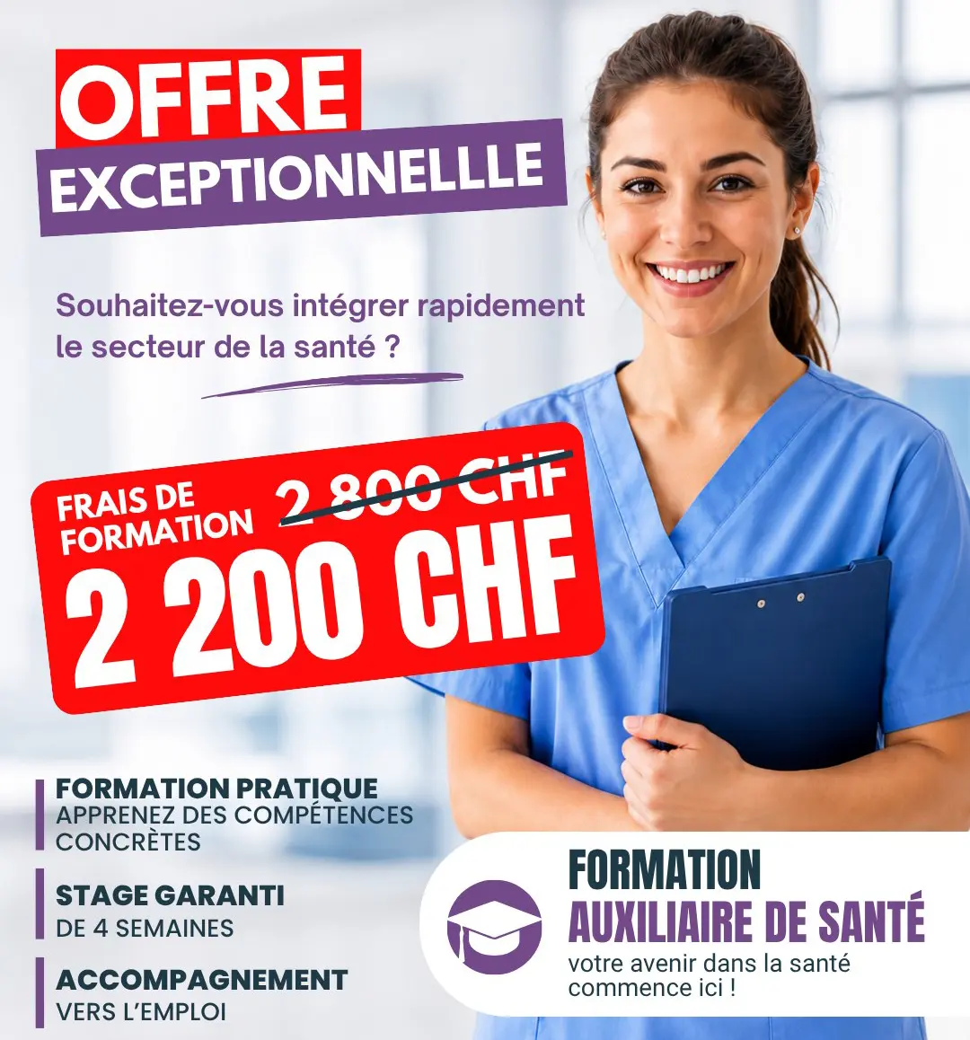 Offre exceptionnelle : formation Auxiliaire de santé à 2200 CHF au lieu de 2800 CHF